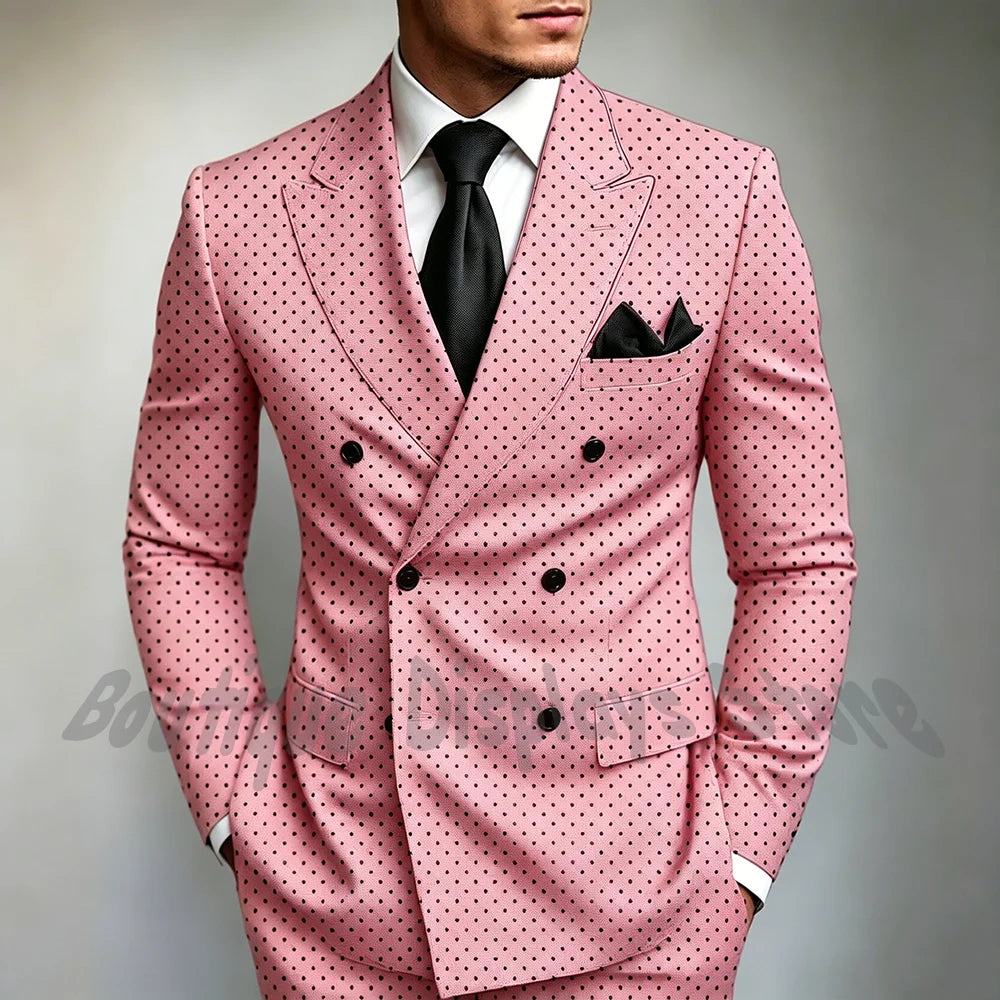 Pink Polka Dot Double Breasted Men Suit 2 pieces Blazer Pants Set Slim Fit Formal Business Prom Party Banquet Male Outfit