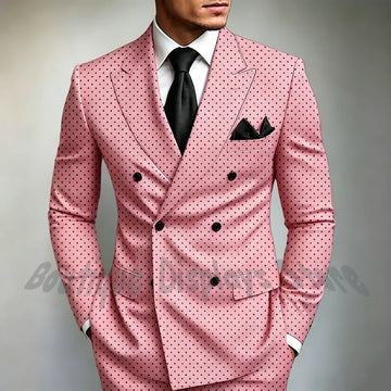 Pink Polka Dot Double Breasted Men Suit 2 pieces Blazer Pants Set Slim Fit Formal Business Prom Party Banquet Male Outfit