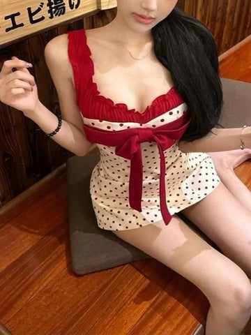 Sweet Spicy Girl Color Block Bow Strap Dress Women Elegant