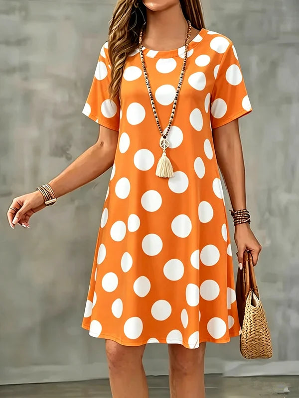 Summer Women Dress Polka Dots Print Short Sleeve O-Neck  A-Line Dress