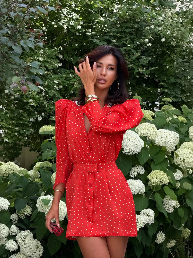 Ahagaga Sexy Polka Dot Print V Neck Mini Dresses For Women Elegant Party