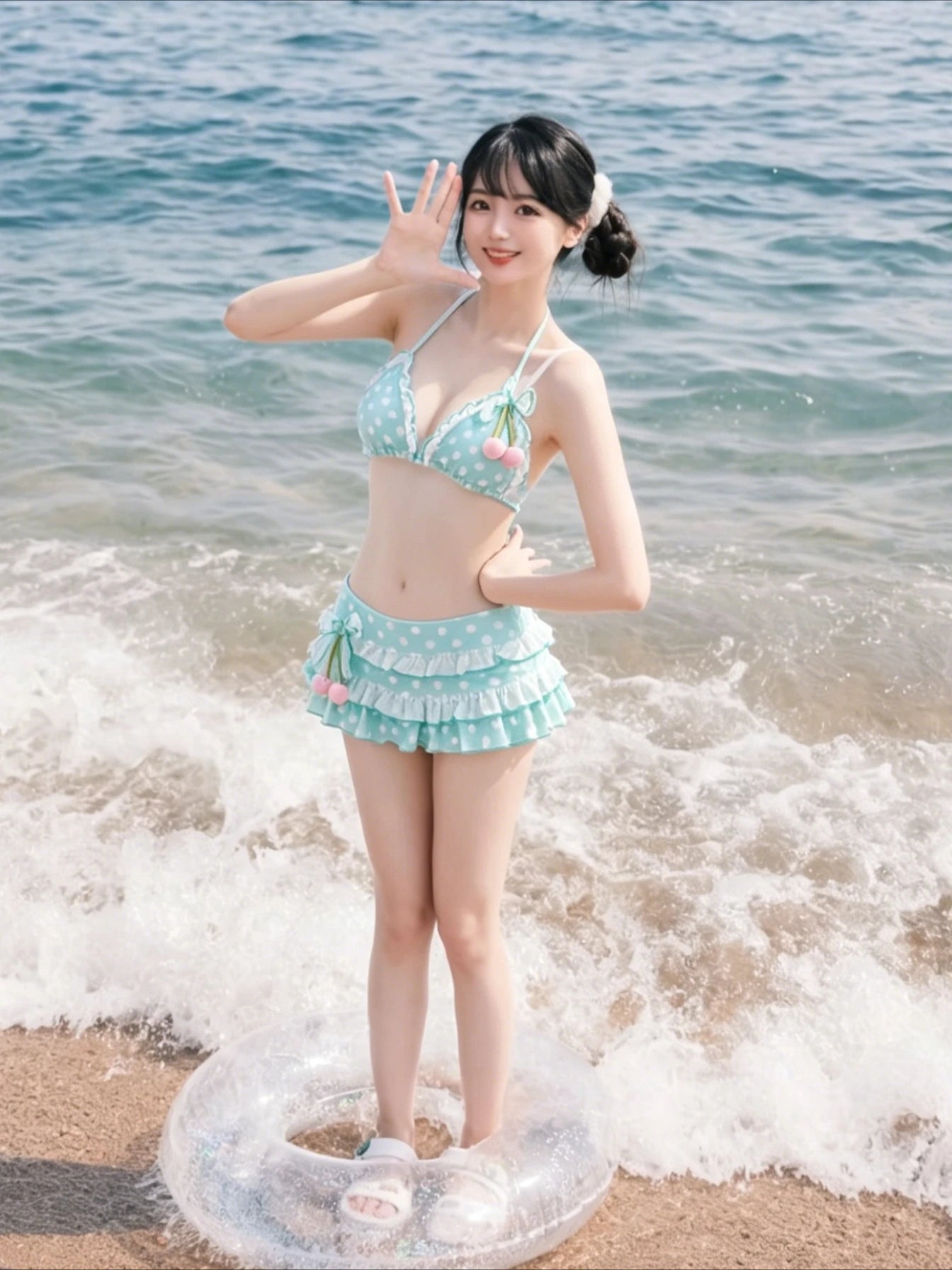 Halter Neck High Waisted Female Bikini Polka Dot Sweet Swimsuit