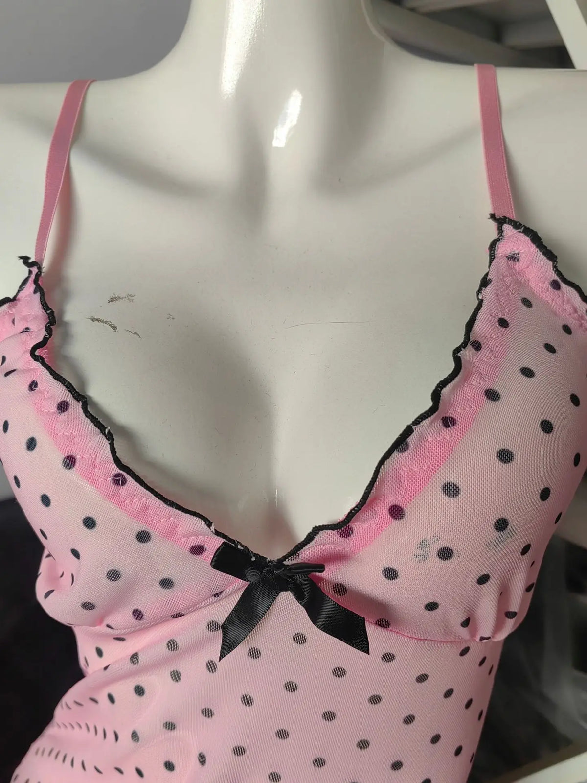 Ladies Sexy Pink Deep V Neck Polka Dot Stretch Mesh Camisole Nightdress With Matching Panties Sleepwear Lingerie Set