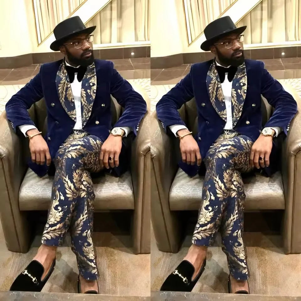 Latest Design Men's Suit Houndstooth Jacket Black Pants 2 Pieces Double Breasted Slim Fit Formal Wedding Tuxedos Evening Dress