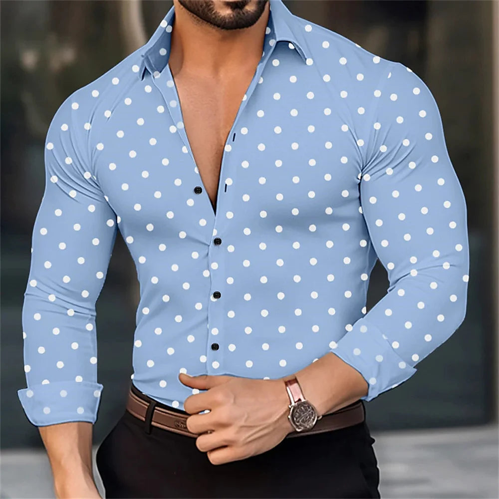 Men's Long Sleeved Polka Dot Printed Lapel Top Button Up