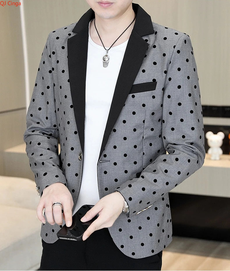 Men's Brown Long-Sleeve Suit Jacket Polka Dot Pattern Decorated Outerwear