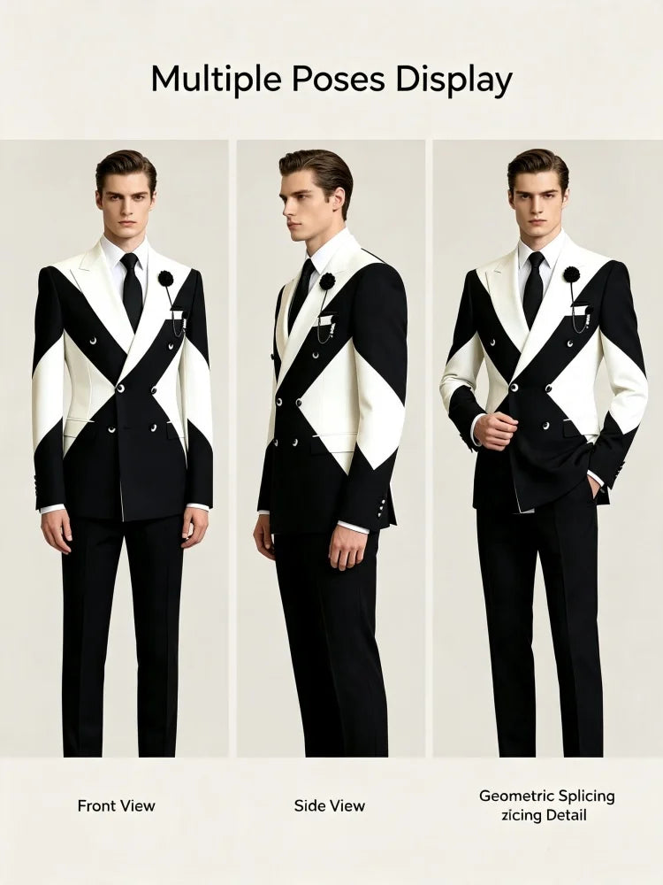 Men Business Casual Blazer Color Block Double Breasted Lapel Flower Brooch Slim Fit Wedding Suit Groom Stage Formal Tuxedo Jacke