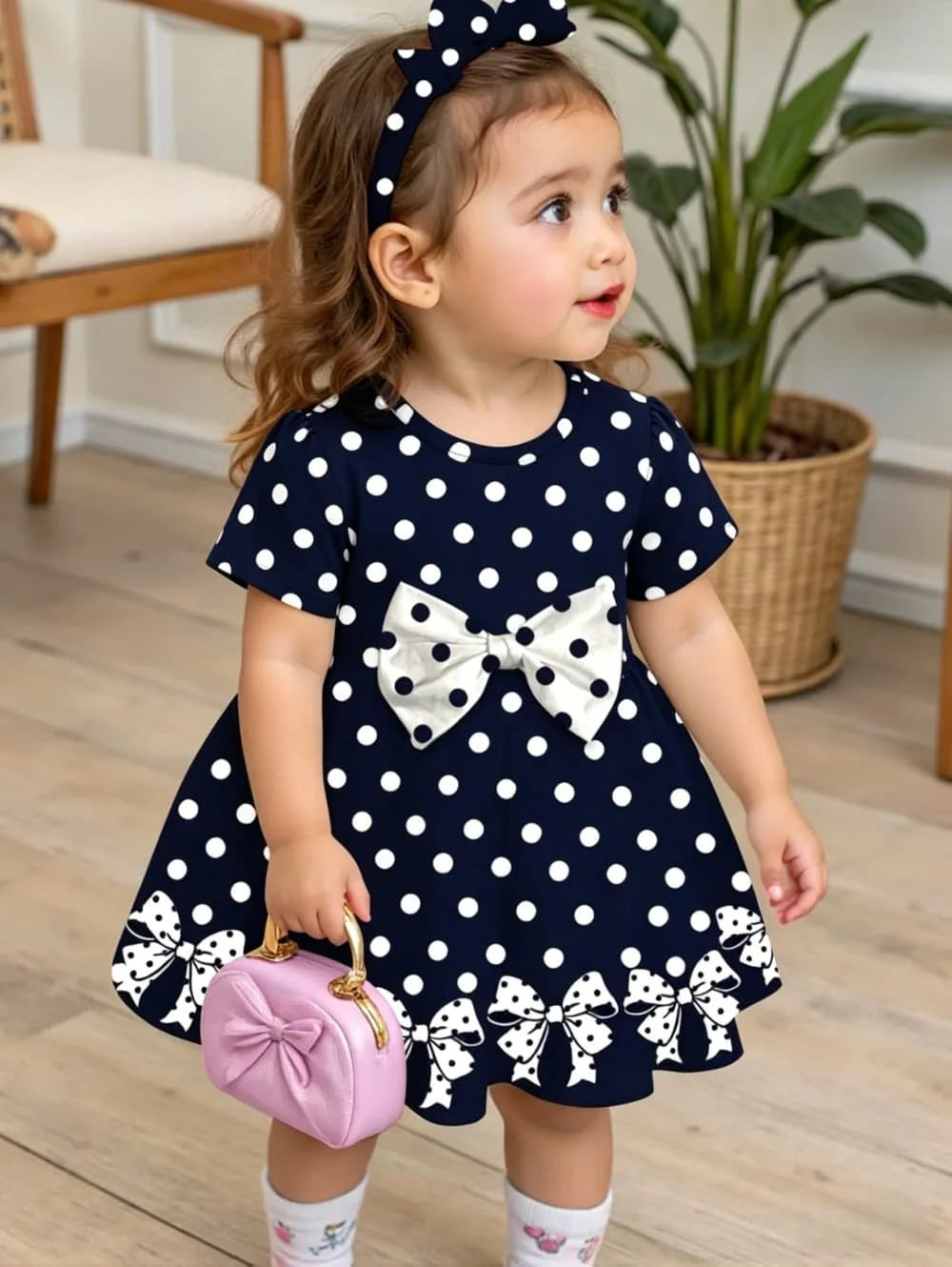 Cute Polka Dot Bow 3D Print Dress for Girls Casual Short Sleeve Dress C