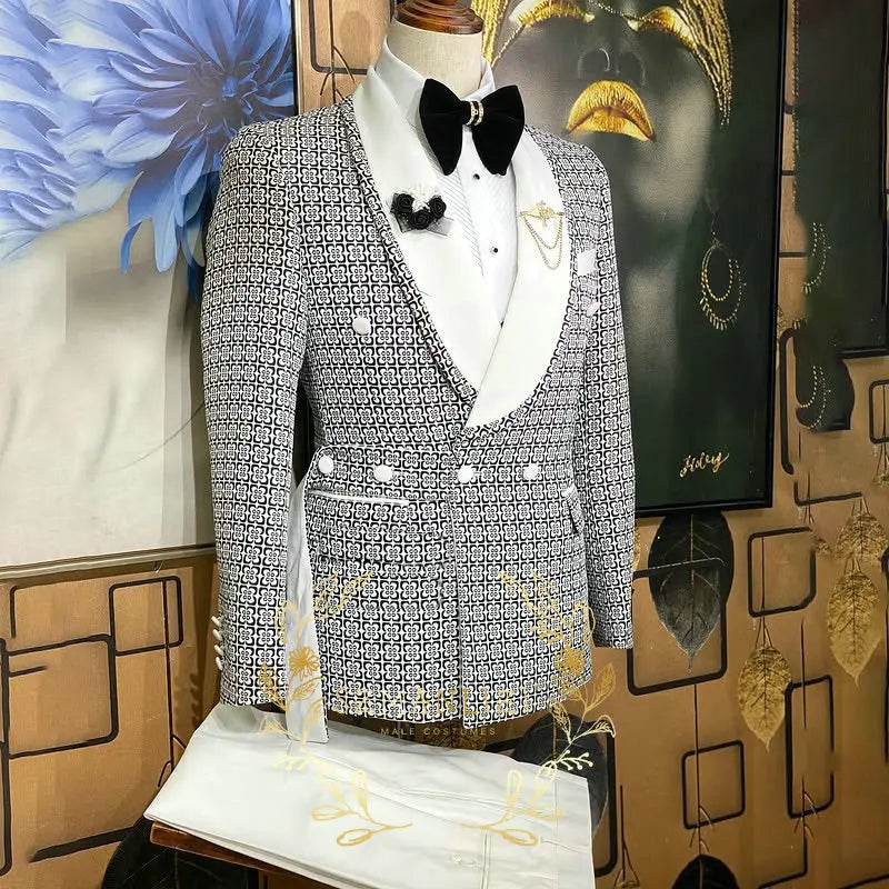 Latest Design Men's Suit Houndstooth Jacket Black Pants 2 Pieces Double Breasted Slim Fit Formal Wedding Tuxedos Evening Dress