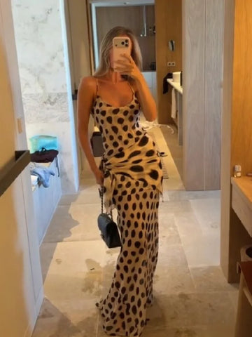 Sexy Polka Dot Print Sling Maxi Dress Women Fashion V-neck Spaghetti Strap