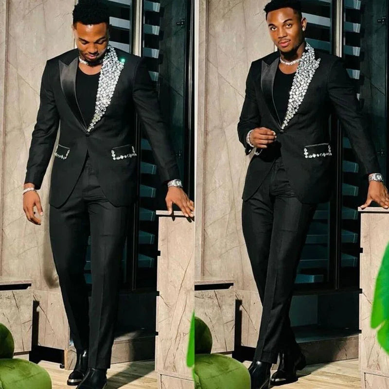 Latest Design Men's Suit Houndstooth Jacket Black Pants 2 Pieces Double Breasted Slim Fit Formal Wedding Tuxedos Evening Dress
