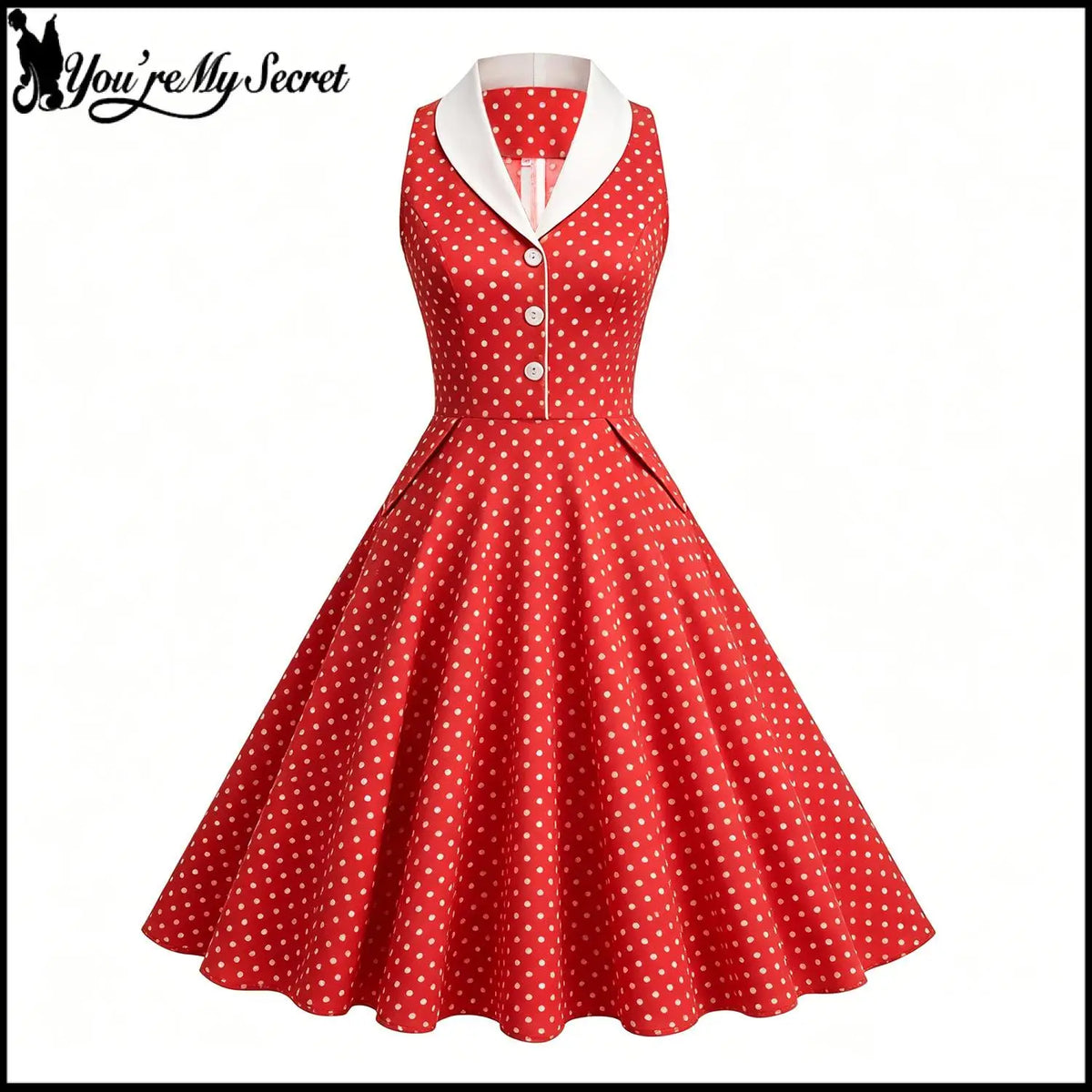 Women 1950s Vintage Polka Dot Swing Dress Contrast White Lapel Sleeveless