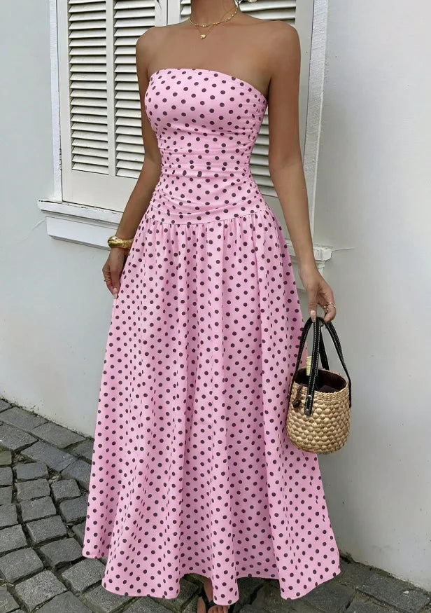 Polka-Dot Tube Top High-Neck Sleeveless Long Dress with Slim Fit