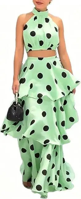 French Retro Holiday Women Long 2 Piece Elegant Polka Dot Sleeveless