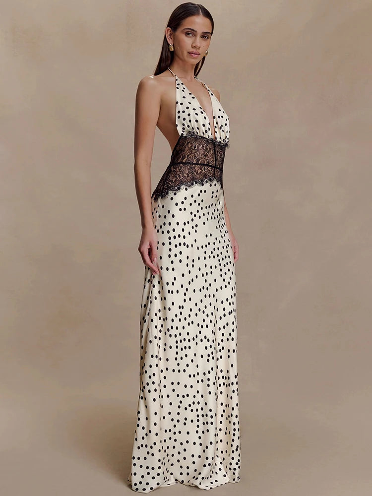Mozision Polka Dot Backless Sexy Maxi Dress Women Gown Elegant Patchwork