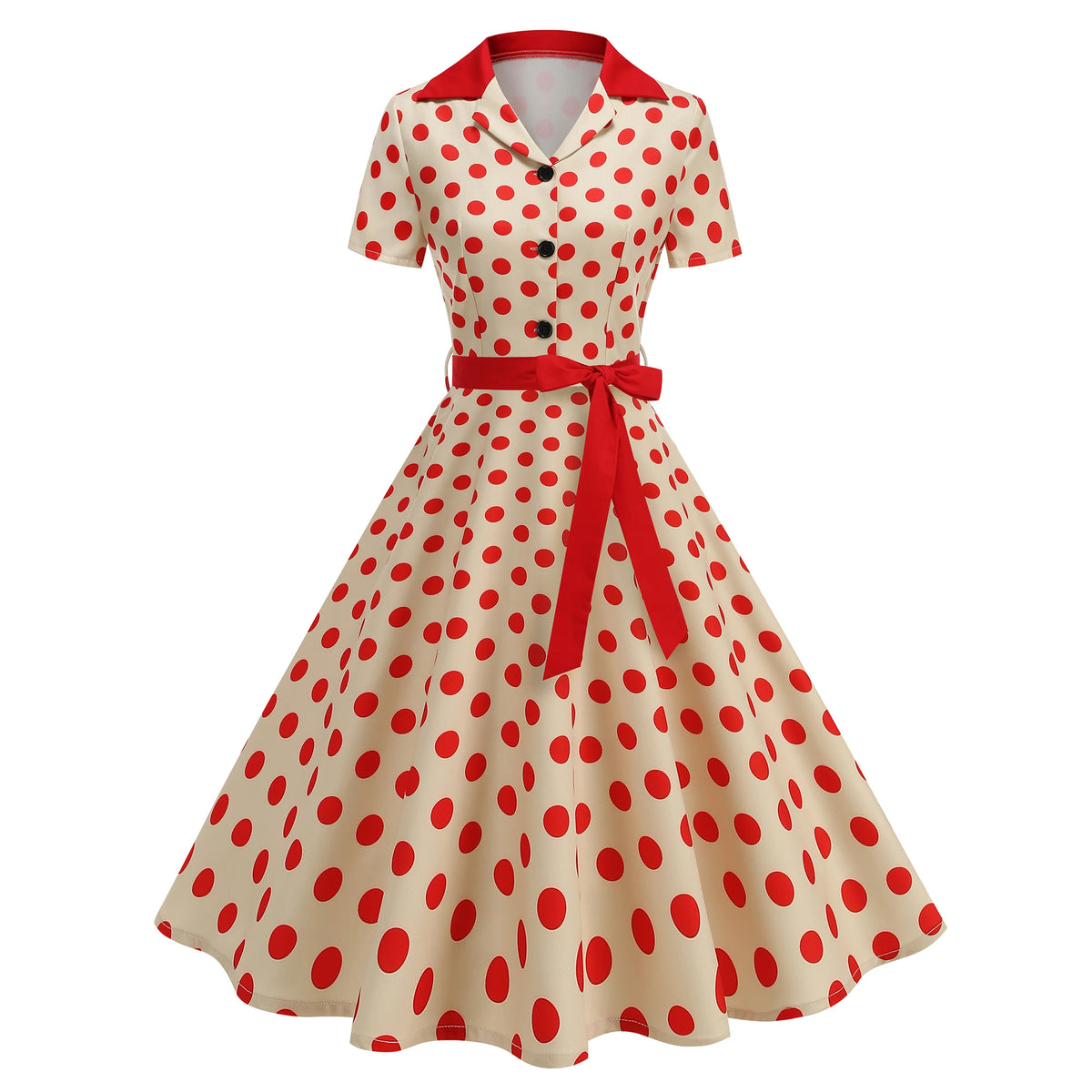 Tonval Contrast Notched Collar and Belt Polka Dot 50s Women Dresses