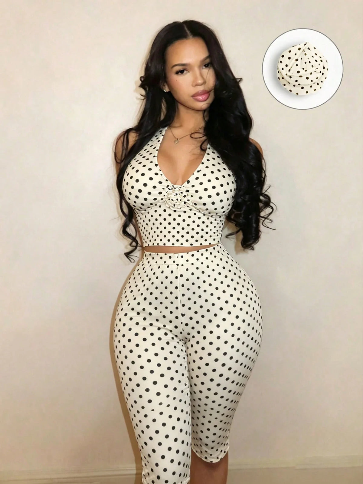 Sexy Black White Polka Dot Hanging Neck Suit Women's Fashionable Clothing Set