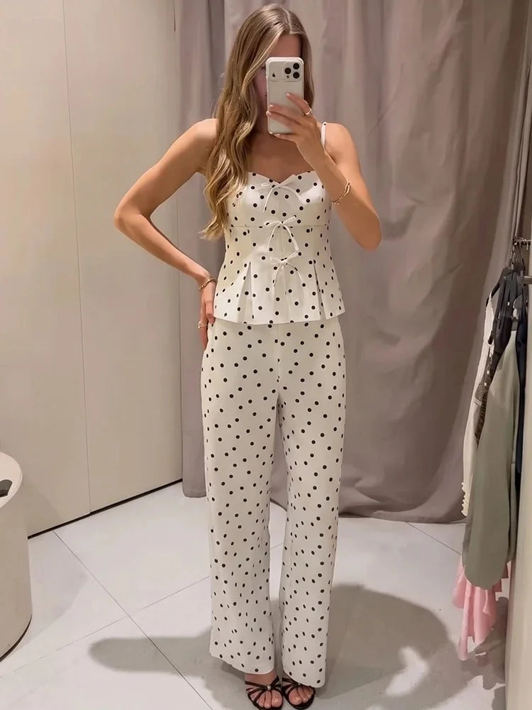 Women's Summer Polka Dots Pants Suit Set Female Front Placket Lace-Up Sexy Camison Top Lady Casual Bucket Long Trousers