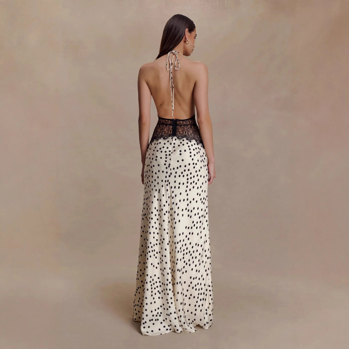 Polka Dot Backless Sexy Maxi Dress Women Gown Patchwork Lace Deep V Neck