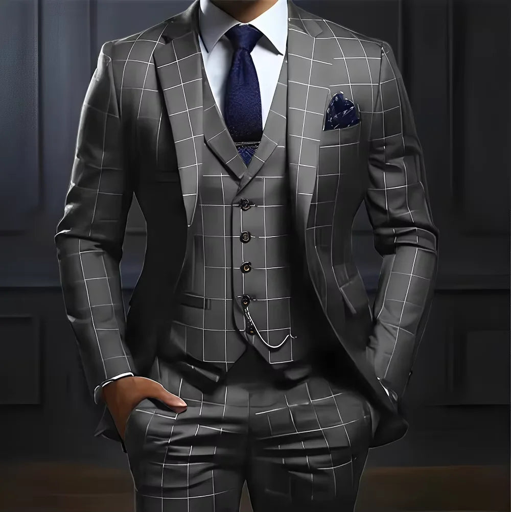 Customized Navy Blue Plaid Men Suits Business Male Blazers Slim Fit Notched Lapel Groom Tuxedos 3 Pcs Sets Handsome Ropa Hombre