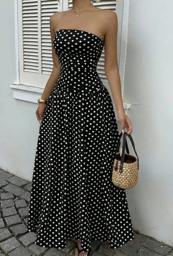 Polka-Dot Tube Top High-Neck Sleeveless Long Dress with Slim Fit