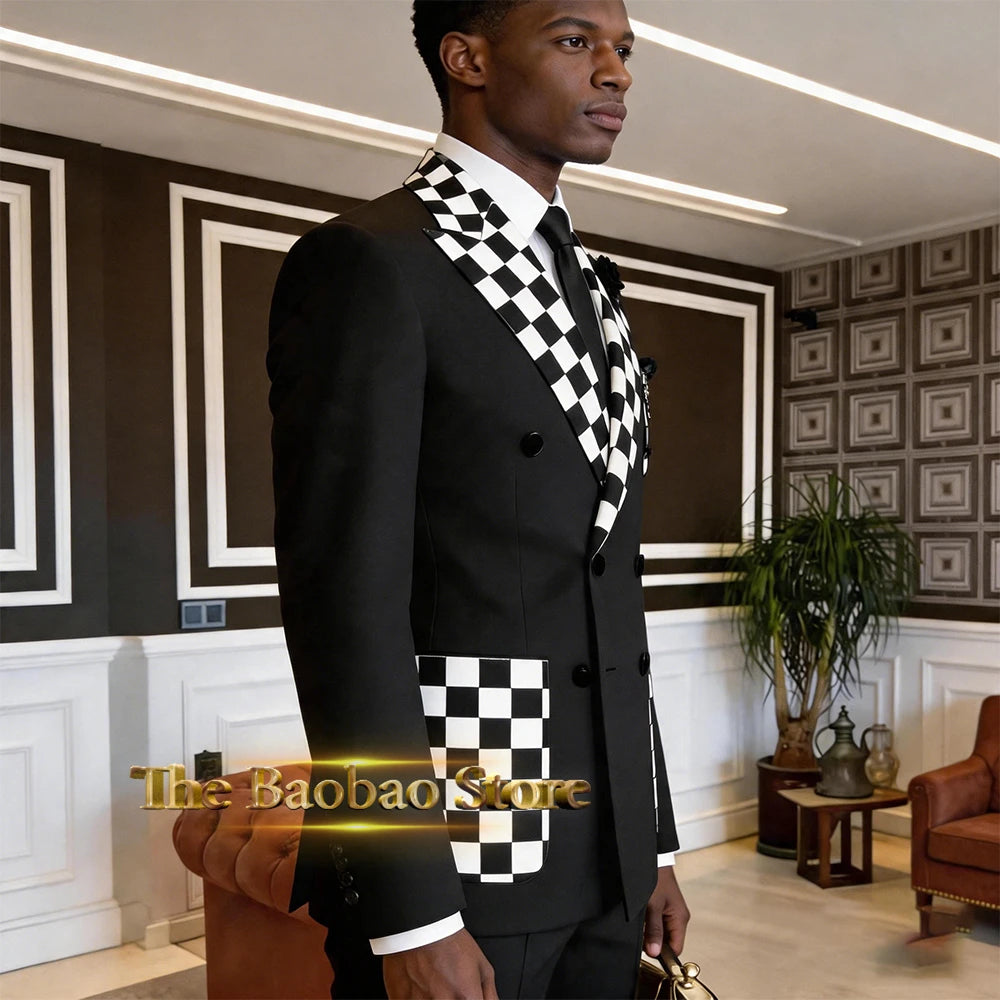 Stylish Men's Suit Black White Checkerboard 2pcs Double Breasted Blazer Pants Custom Slimming Set Wedding Banquet Party Tuxedo