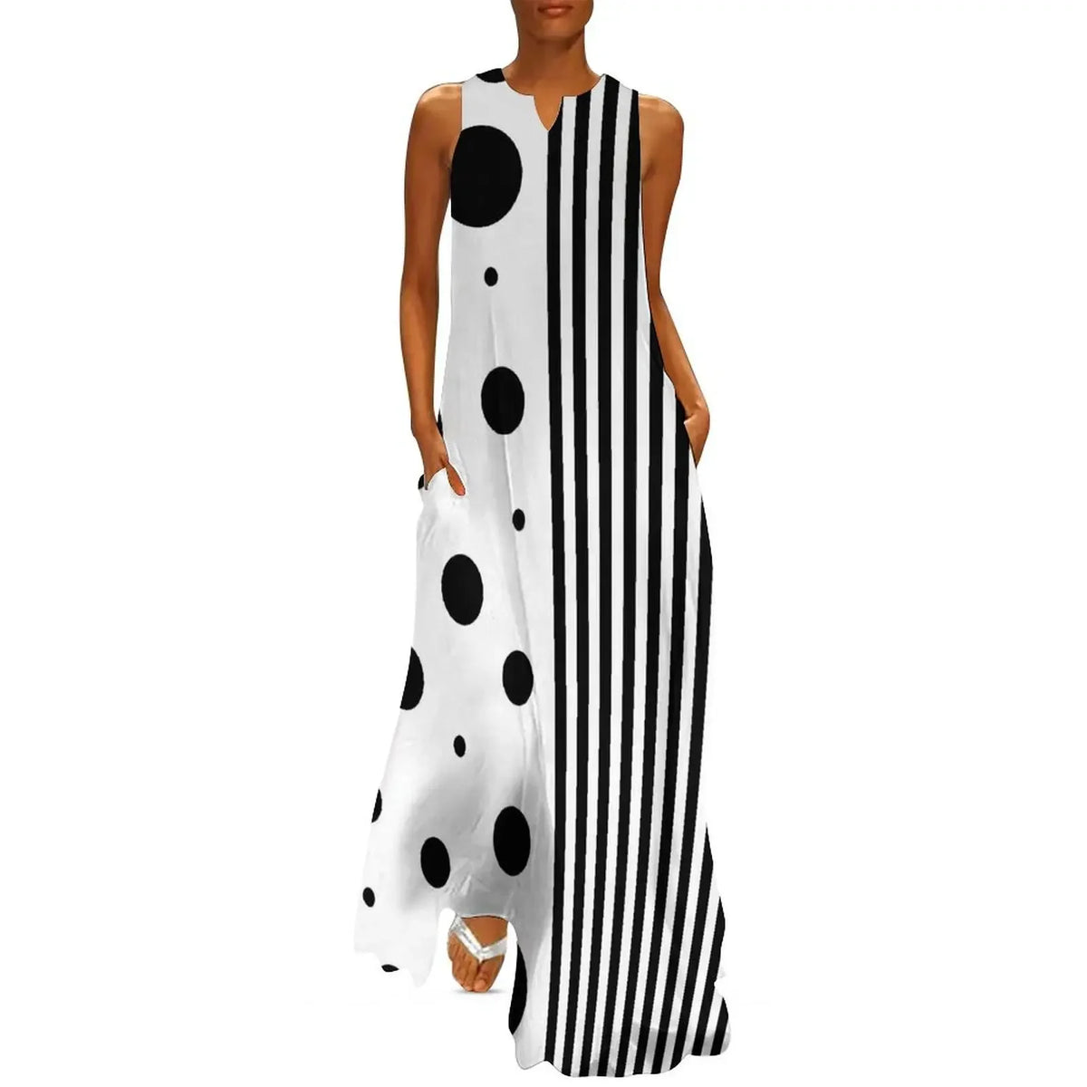 Robe Striped Polka Dot Women Beach Dress Summer Black and White Two Tone