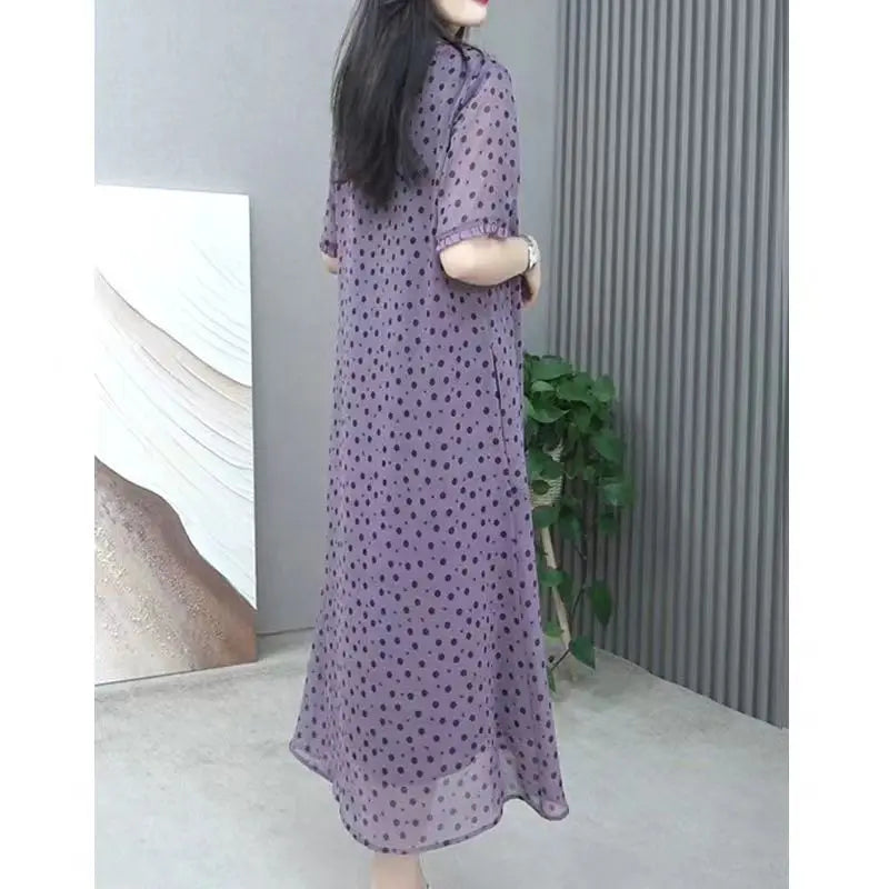 Elegant O-Neck Printed Polka Dot Chiffon Short Sleeve Dress