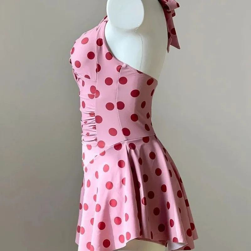 Women Swim Dress Pink Polka Dot One Piece Swimsuit