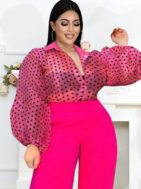 Summer V-neck Polka Dot Button Top for Women (Plus Size)