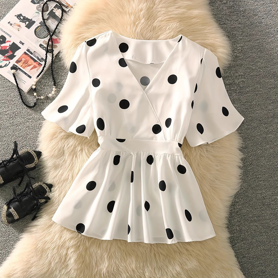 Womens Chiffon Blouse With Floral And Polka-Dot Patterns