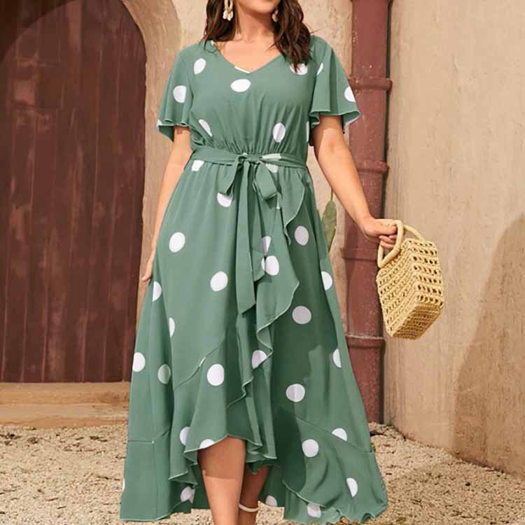 Plus Size Polka Dot V Neck Dress with Tie Waist 4XL