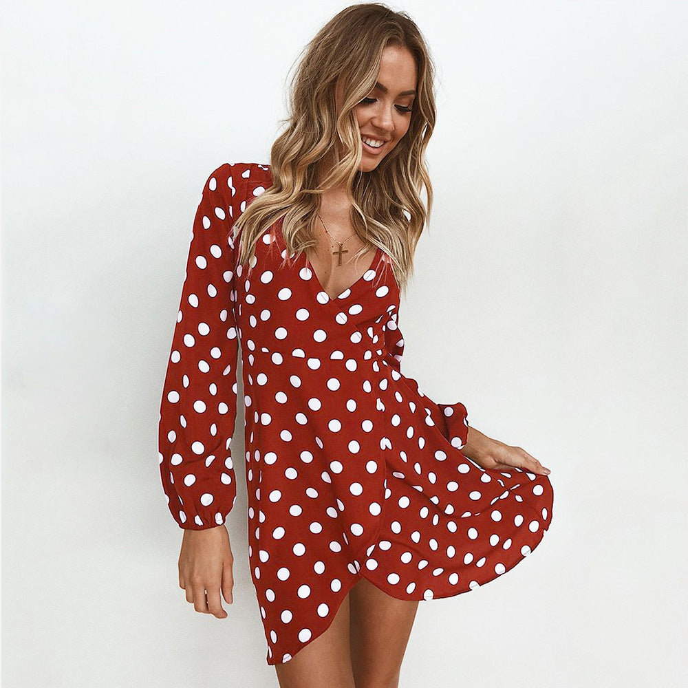 Long Sleeved Polka Dot Bottomed Dress For Women