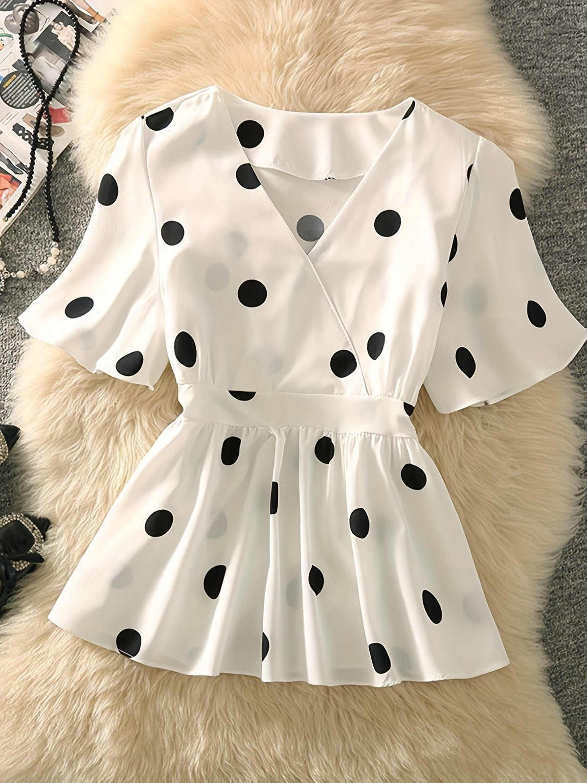 Womens Chiffon Blouse With Floral And Polka-Dot Patterns