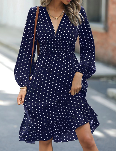 Polka Dot Long Sleeve Dress for Waist Slimming