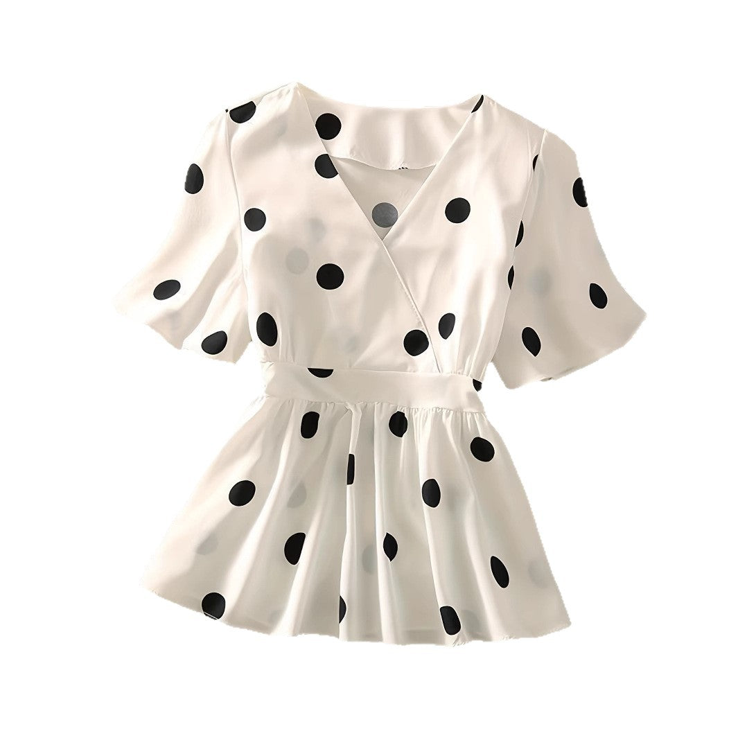 Womens Chiffon Blouse With Floral And Polka-Dot Patterns