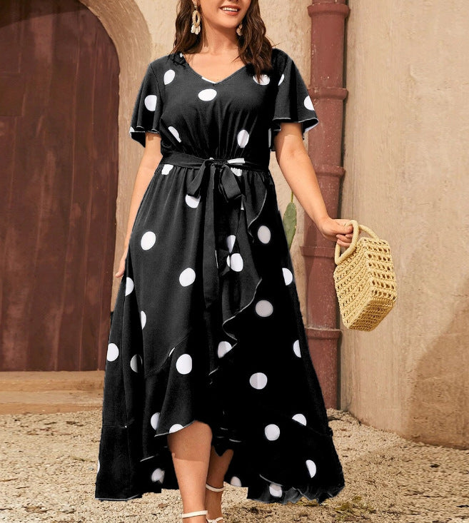 Plus Size Polka Dot V Neck Dress with Tie Waist 4XL