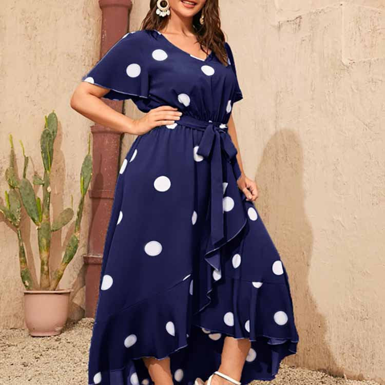 Plus Size Polka Dot V Neck Dress with Tie Waist 4XL