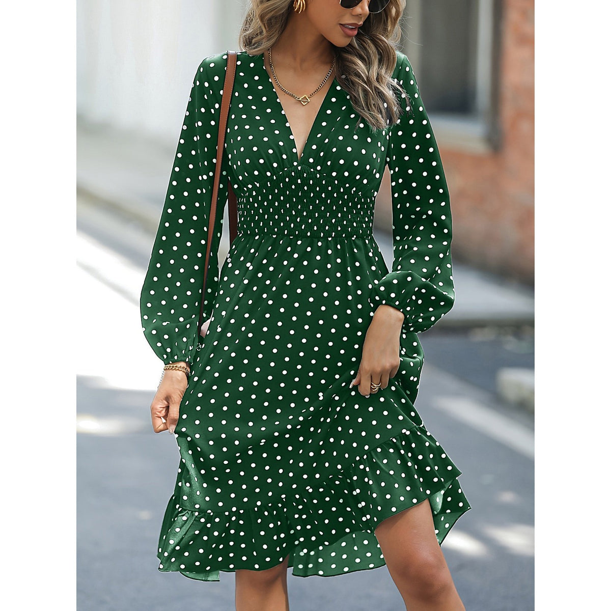 Polka Dot Long Sleeve Dress for Waist Slimming