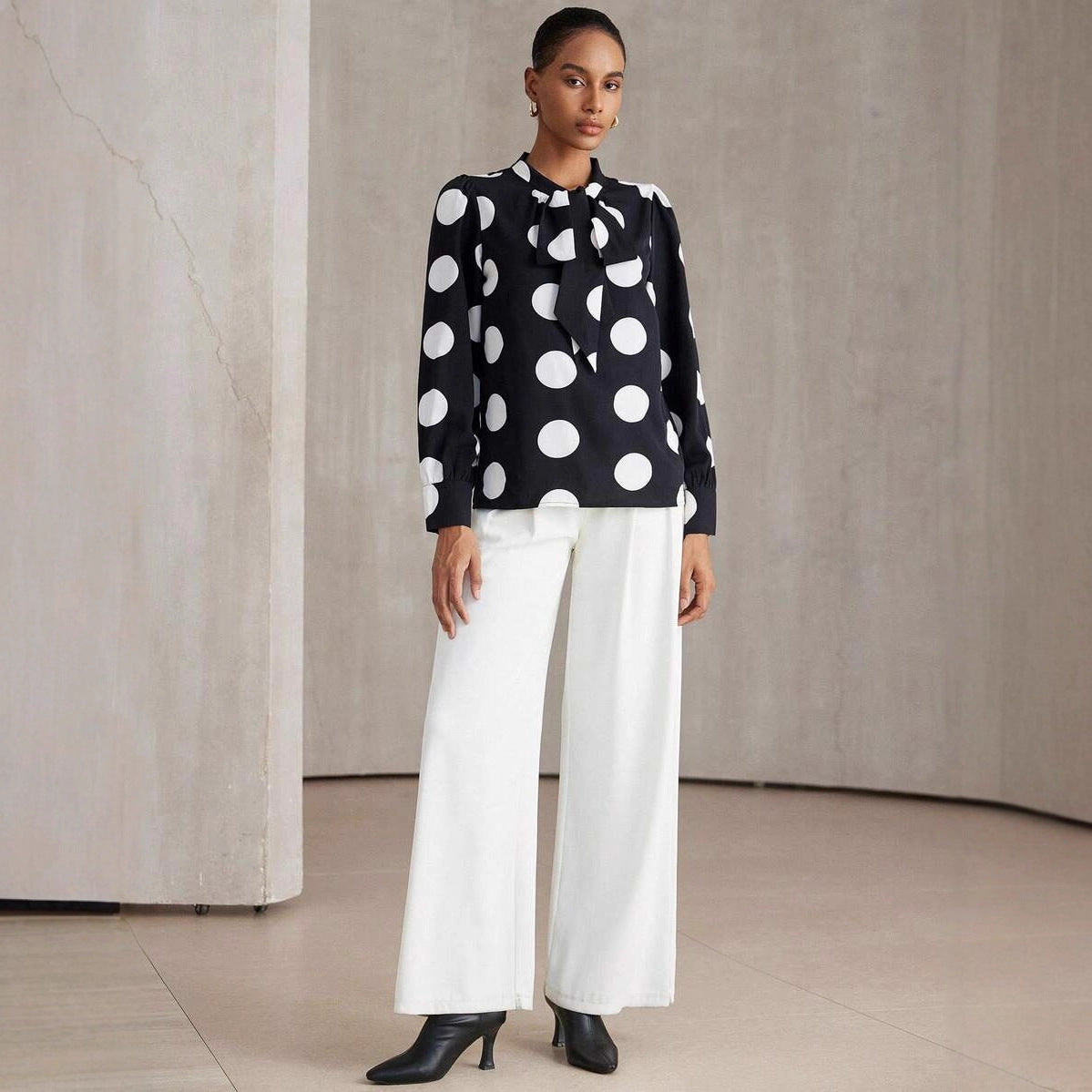 Versatile Polka-dot Long-sleeve Shirt Retro Top