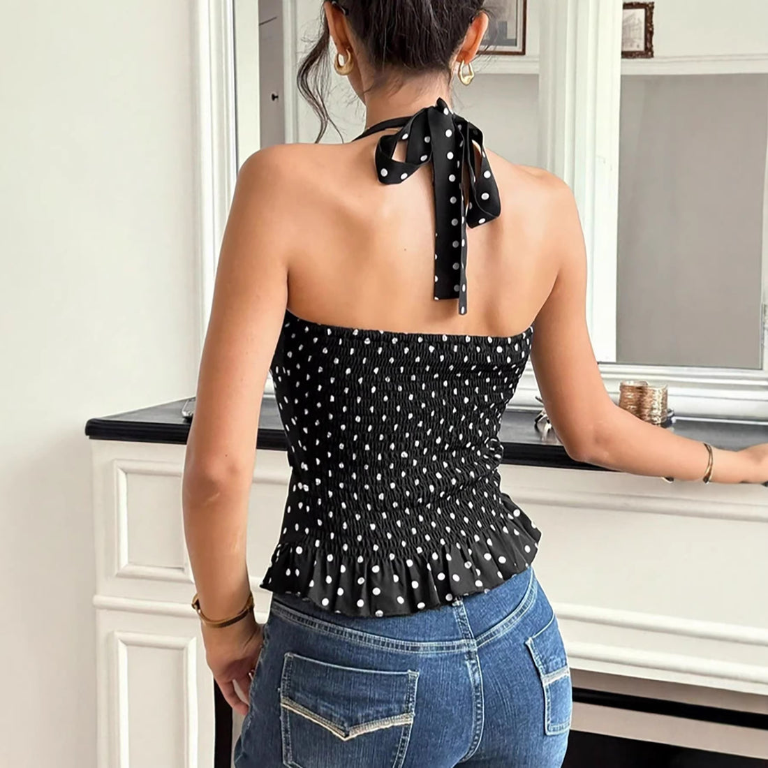Polka-dot Halterneck Backless Womens Top