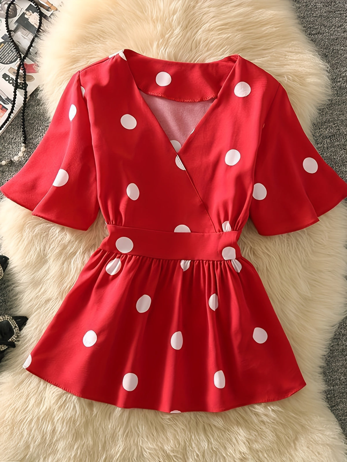 Womens Chiffon Blouse With Floral And Polka-Dot Patterns